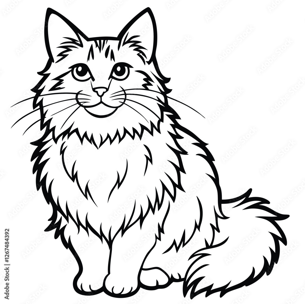 Adorable cute fluffy Maine Coon cat hand drawn icon cartoon character line art vector illustration outline image Adorable cute fluffy Maine Coon cat hand drawn icon cartoon character line art vector illustration outline image
