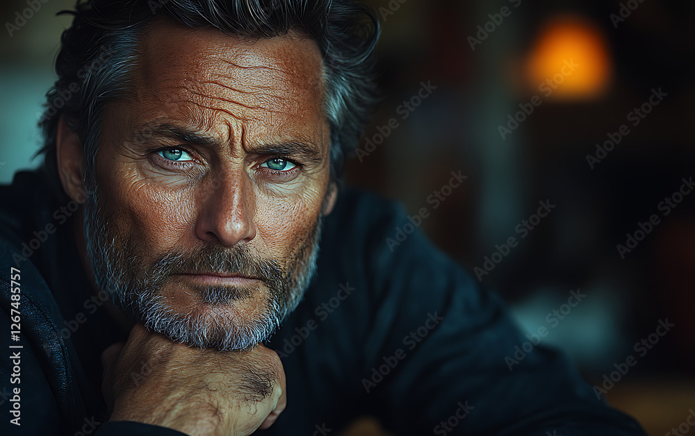 Fototapeta premium Poignant Portrait of a Man in Deep Reflection and Solitude