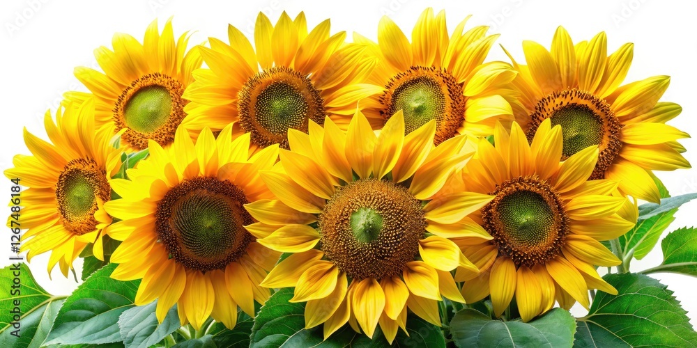 Obraz premium A panoramic bouquet of sunflowers, brilliant yellow petals and verdant leaves, showcased against a crisp white backdrop.
