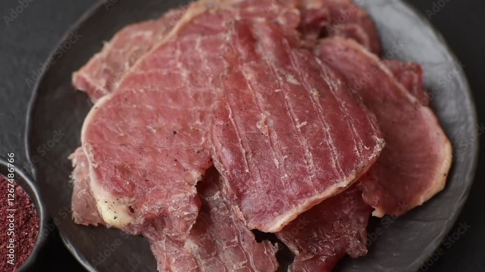 Jerky, dried pork meat slices with salt and spices on a dark concrete background Jerky, dried pork meat slices with salt and spices on a dark concrete background