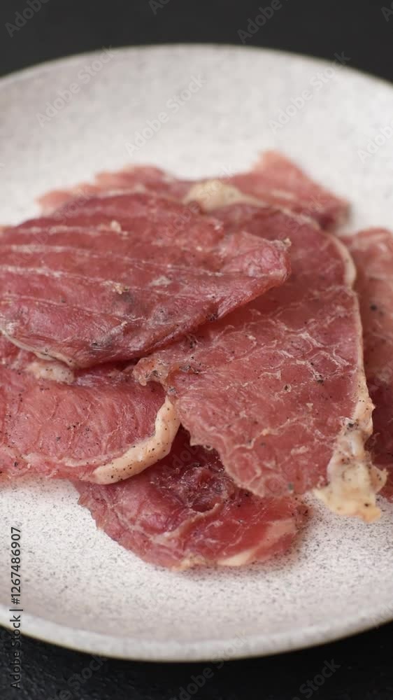 Jerky, dried pork meat slices with salt and spices on a dark concrete background Jerky, dried pork meat slices with salt and spices on a dark concrete background