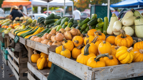 Fresh pumpkins and squash at vibrant farmers market, showcasing variety of colorful produce. scene captures essence of autumn with bright orange and green vegetables