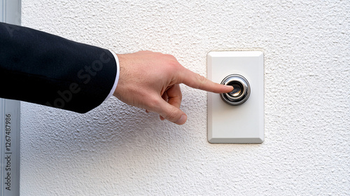A close-up of a professional hand in a suit pressing a white doorbell button representing access security and communication in business or home settings
