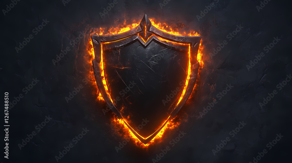 Fototapeta premium Black Shield Encircled by Fiery Orange Flames