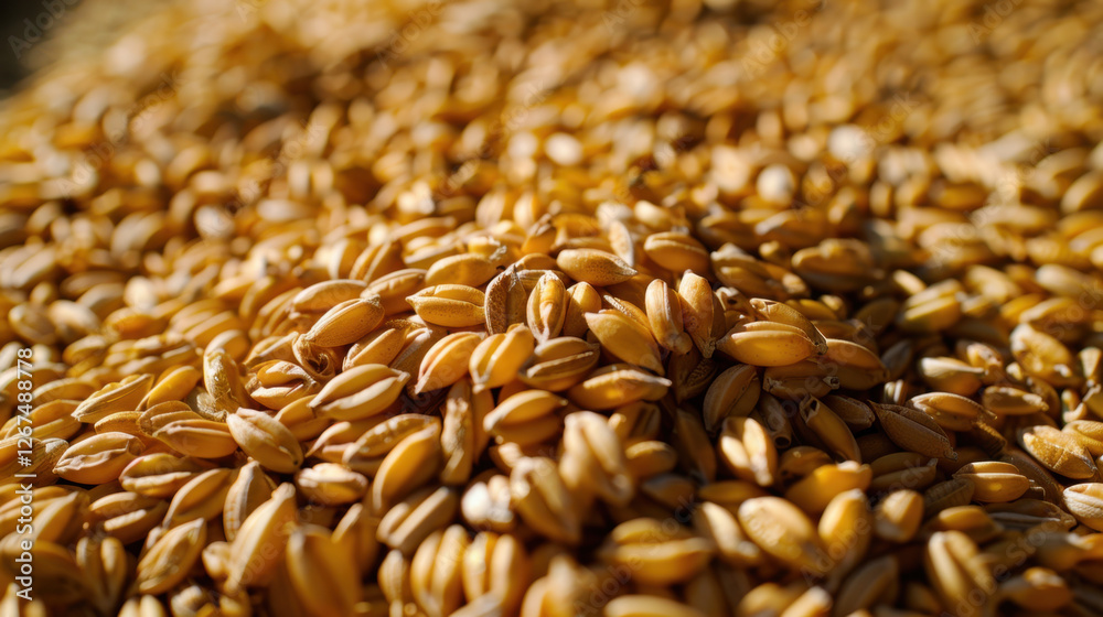 Obraz premium Golden grains of wheat piled together, showcasing their texture and color. This captures essence of agriculture and harvest, evoking sense of abundance and nature bounty