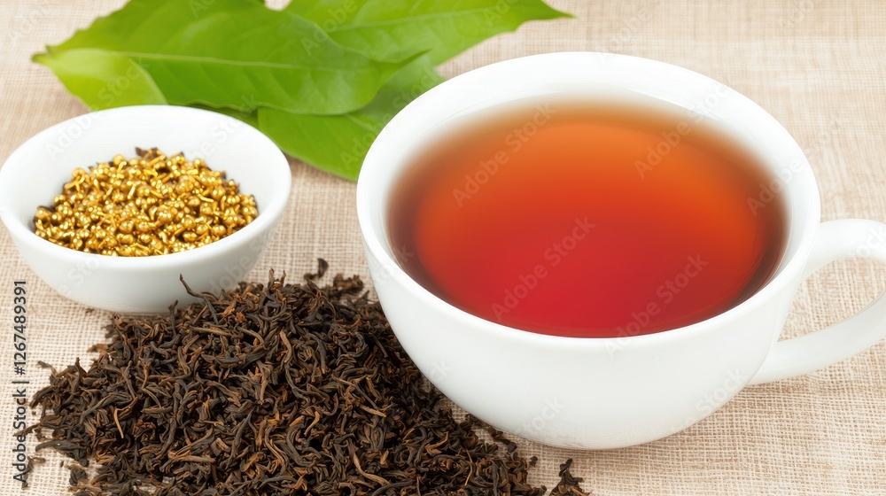 A cup of tea surrounded by tea leaves and a small bowl of seeds, showcasing a serene tea preparation scene. A cup of tea surrounded by tea leaves and a small bowl of seeds, showcasing a serene tea preparation scene.