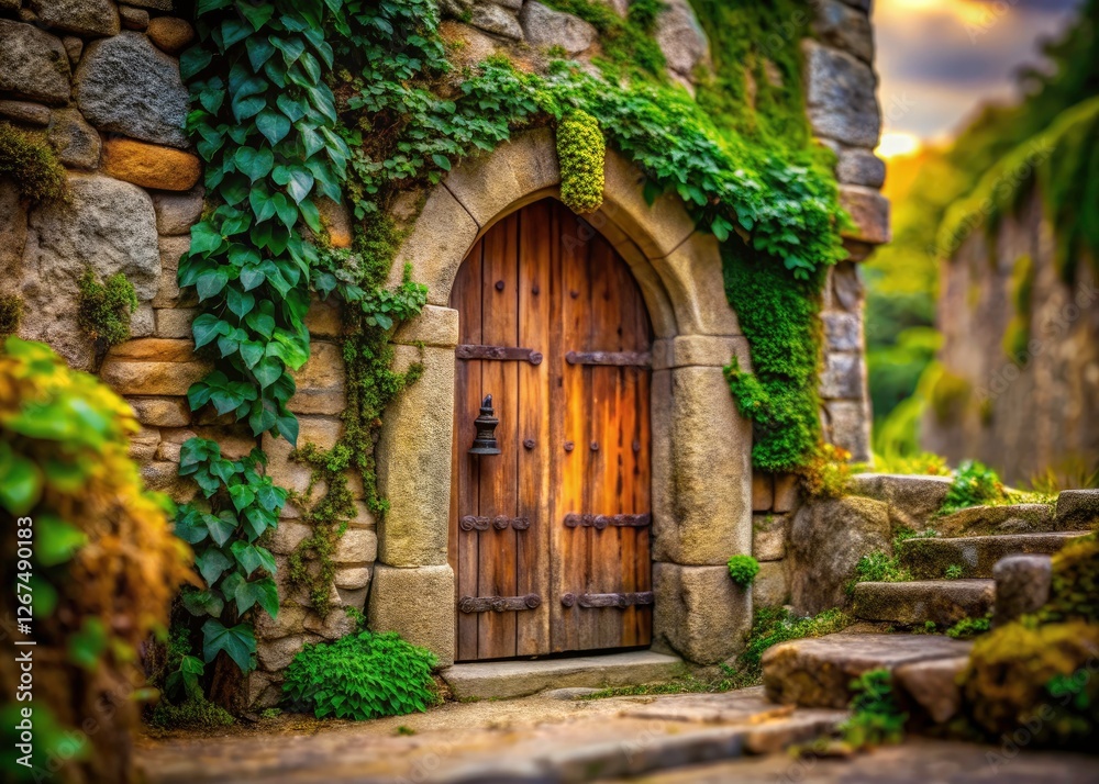 A whimsical tilt-shift photo: miniature wooden door set in ancient stone castle walls. A whimsical tilt-shift photo: miniature wooden door set in ancient stone castle walls.