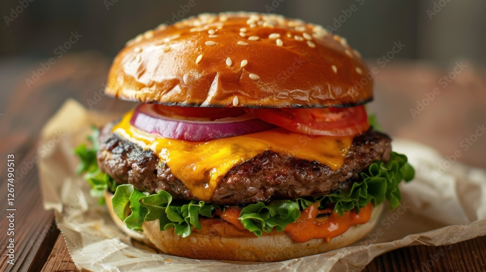 Juicy cheeseburger with lettuce, tomato, and onion on a wooden table, white backdrop Juicy cheeseburger with lettuce, tomato, and onion on a wooden table, white backdrop