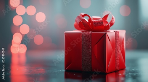 Red gift box with bow. Red gift box with red ribbon. Isolated cutout of a lion on a background with transparent background. A red present wrapped with a ribbon lifestyle.