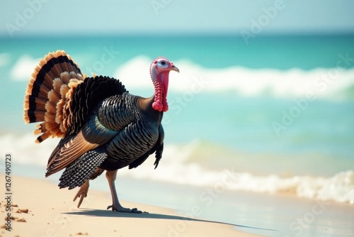 Fototapeta Naklejka Na Ścianę i Meble -  Stylish turkey in shades, walking on the beach, outdoors, beach, turkey