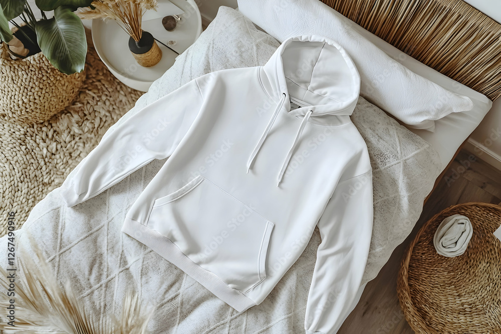 Aerial perspective of a blank hoodie folded neatly on a modern bed in a minimalist room. Aerial perspective of a blank hoodie folded neatly on a modern bed in a minimalist room.