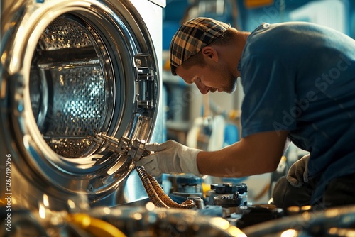 Repairman reconnecting hoses to a washing machine photo