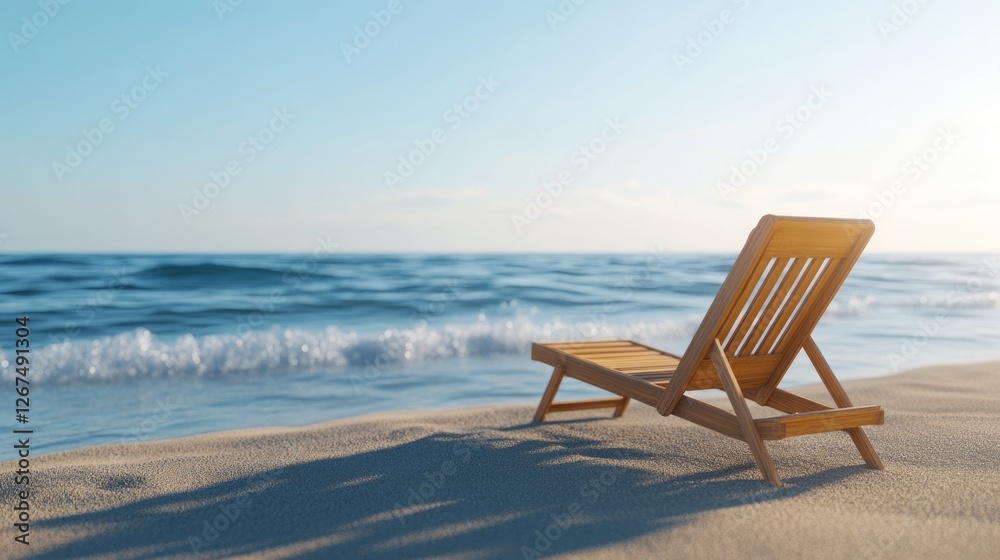 A wooden beach chair sits on a sandy beach overlooking a calm ocean under a clear sky. A wooden beach chair sits on a sandy beach overlooking a calm ocean under a clear sky.