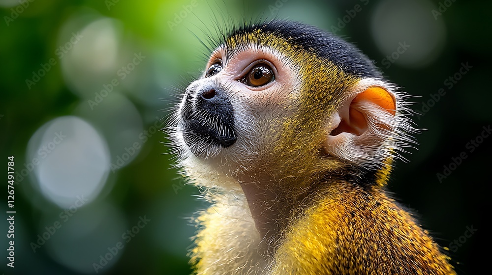 Obraz premium Curious monkey gazing upward, lush rainforest background
