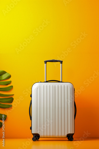 A white suitcase sitting on top of an orange and yellow background