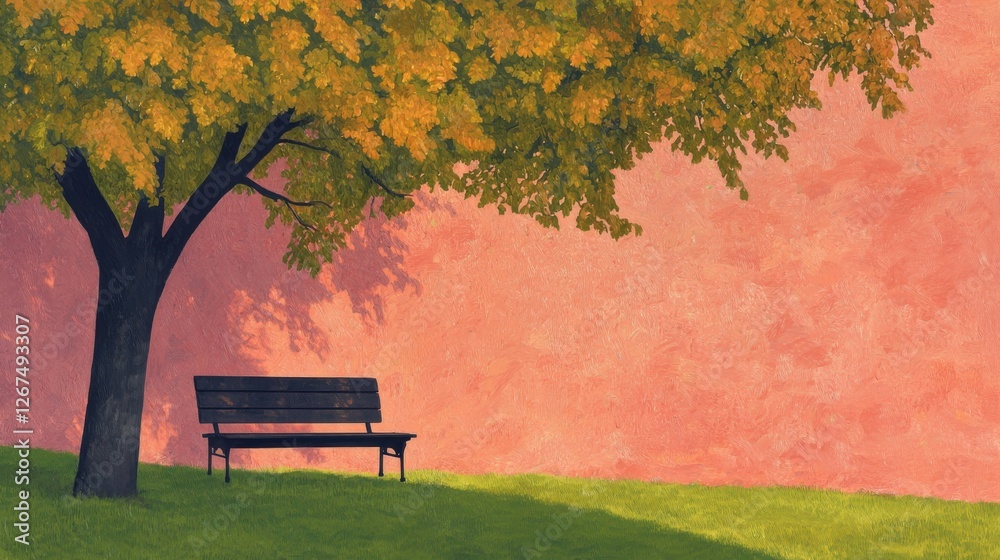 Naklejka premium Autumn leaves falling park bench digital art serene environment wide angle nature's tranquility