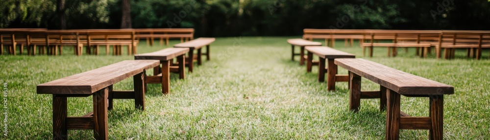 Rustic Wooden Benches Arranged in Rows on Lush Green Lawn for an Outdoor Event Setup in Natural Setting Rustic Wooden Benches Arranged in Rows on Lush Green Lawn for an Outdoor Event Setup in Natural Setting