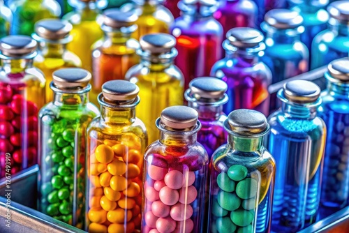 Close-up:  A kaleidoscope of pills and potions, unrealistically bright, defying gravity. photo