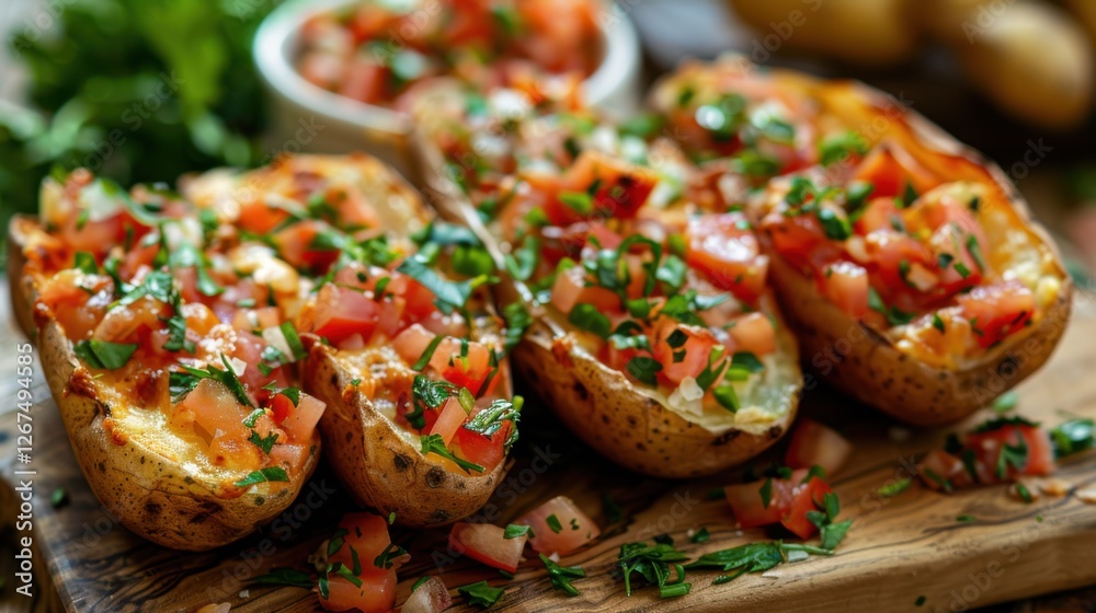Loaded potato skins on a wooden table, white background Loaded potato skins on a wooden table, white background