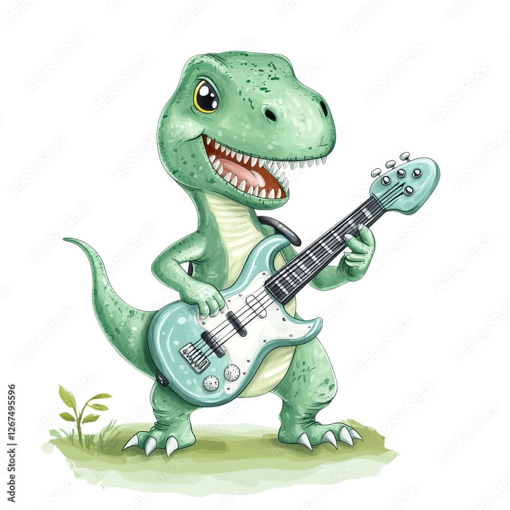 Naklejka premium Cute dinosaur plays electric guitar joyful rock music happy fun
