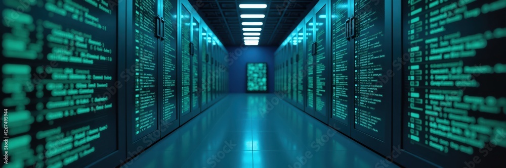 Data center hallway with server racks displaying green code, Technology Data center hallway with server racks displaying green code, Technology
