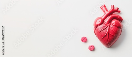 Red artificial heart model next to two pink pills on white background during health awareness campaign