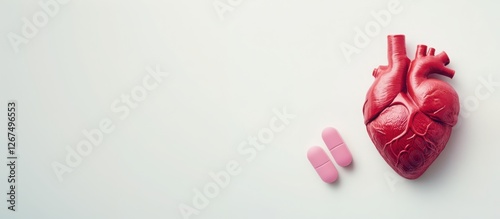 Model heart and pink capsules displayed on a white surface emphasizing themes of health and medicine