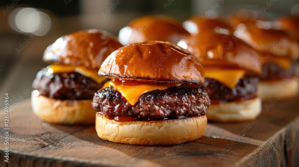 Mini sliders with cheese on a wooden table, white background Mini sliders with cheese on a wooden table, white background