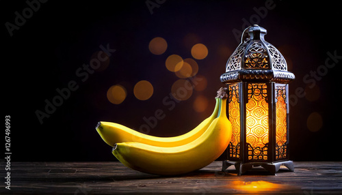 Ramadan lantern with bananas on wooden table and warm bokeh lights  
 photo