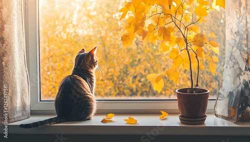 Cozy Autumn Scene with a Cat on a Windowsill