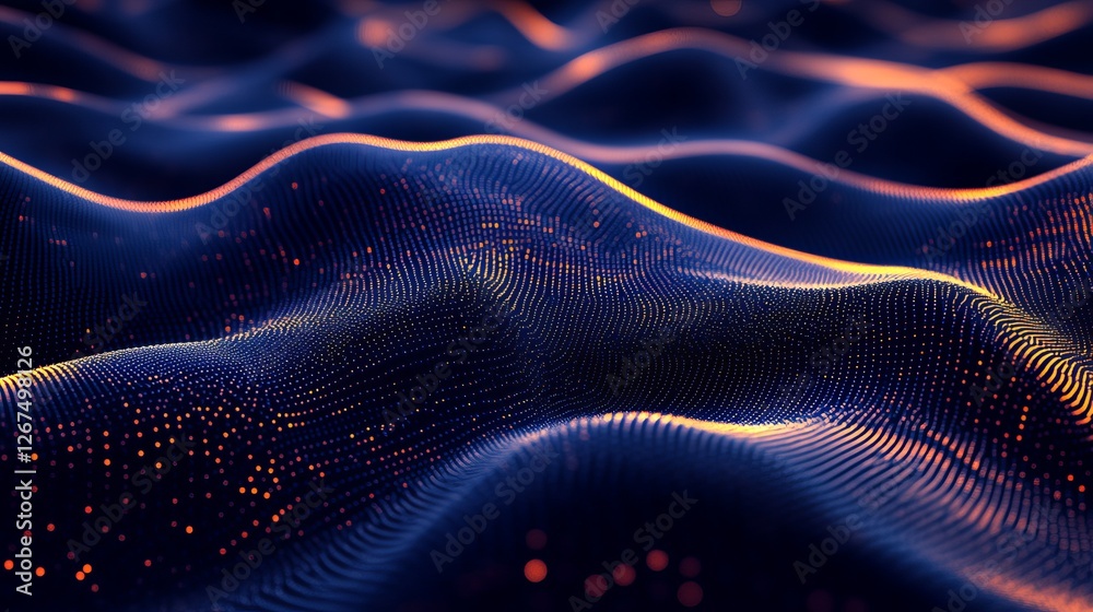 Fototapeta premium Abstract Dark Blue Orange Digital Wave Particle Background Texture Design Modern Futuristic Technology Illustration Elegant Smooth Flowing Energy 