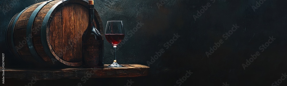 Wooden Barrel, Wine Bottle, Wine Glass, Winery Still Life Wooden Barrel, Wine Bottle, Wine Glass, Winery Still Life