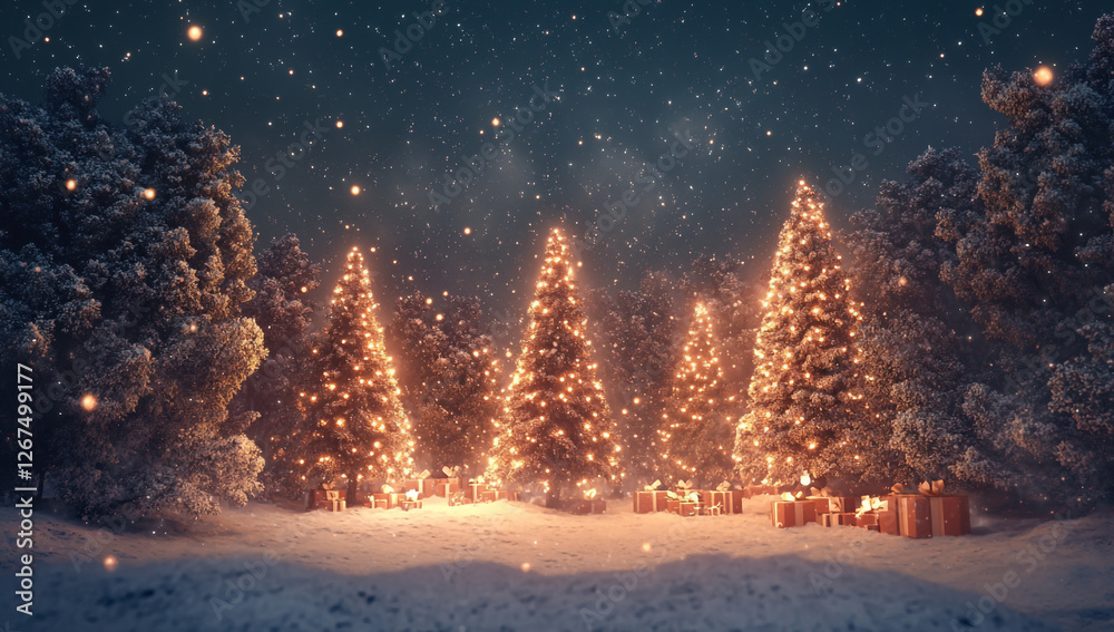 Naklejka premium A snowy Christmas tree forest with gifts under the trees, illuminated by the night sky and falling snow (1)