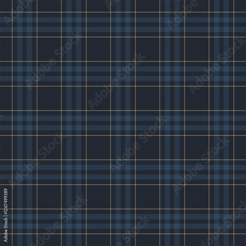 Plaid with twill weave repeat pattern in dark blue.Gingham seamless pattern with stripes.Checkered tartan Geometric graphic vector illustration background.