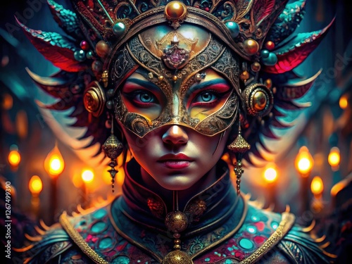 Dark fantasy meets surrealism. A masked face, artfully composed using the rule of thirds, hints at a mysterious, hidden identity.
