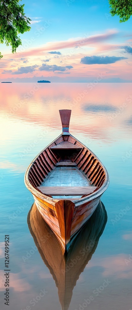 Obraz premium Traditional Thai Longtail Boat View morning set against a serene coastal scene with pale blue skies and soft pink water ripples