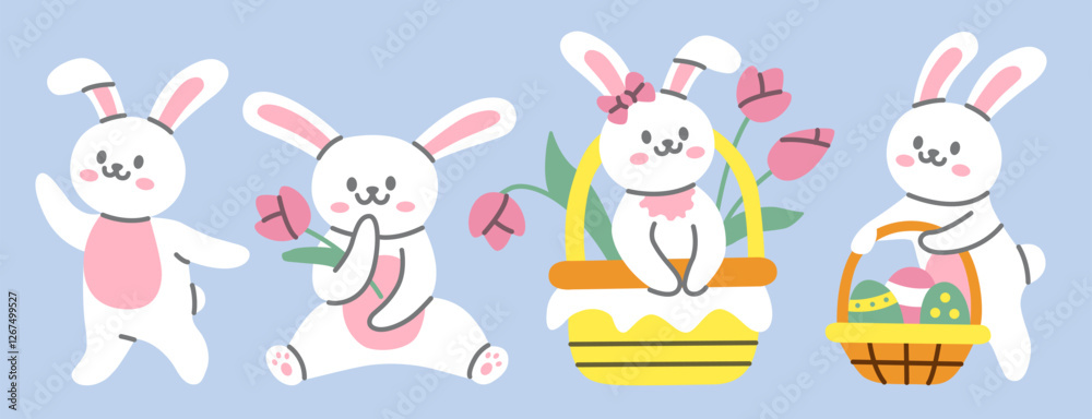 Naklejka premium Flat illustration of cute Easter bunnies with flowers, festive baskets on a pastel blue background. Adorable rabbits holding tulips, sitting in a decorated basket, and carrying colorful Easter eggs.