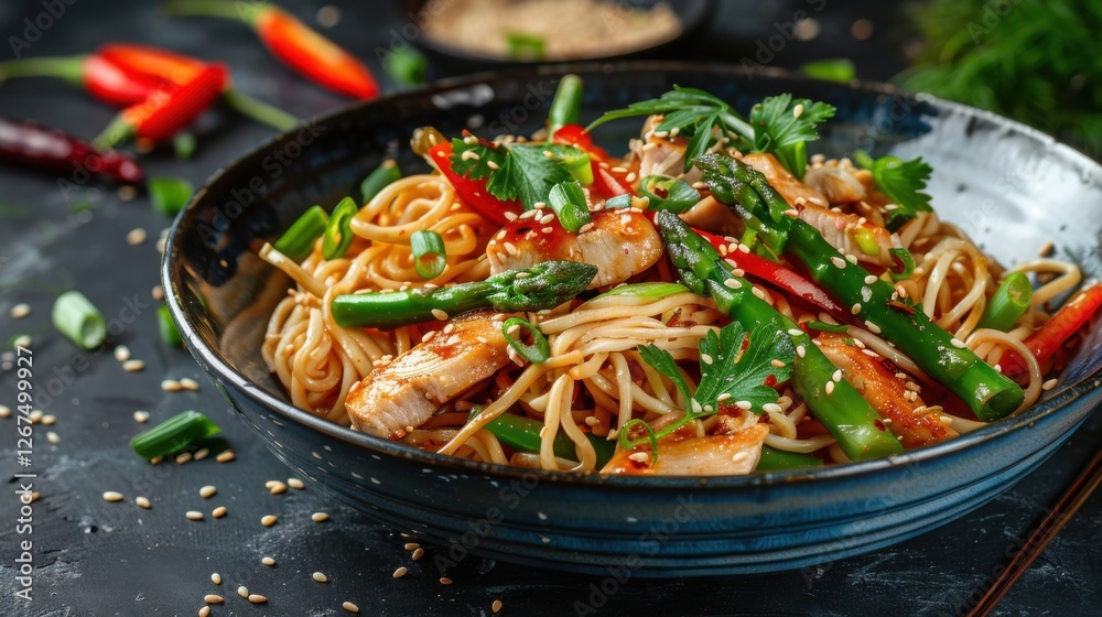Mouthwatering Asian noodles with chicken, asparagus, colorful peppers, sesame seeds, and soy sauce on dark concrete background