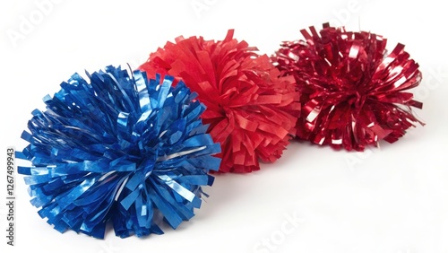 Three Pom-Poms in Blue, Red, and Maroon