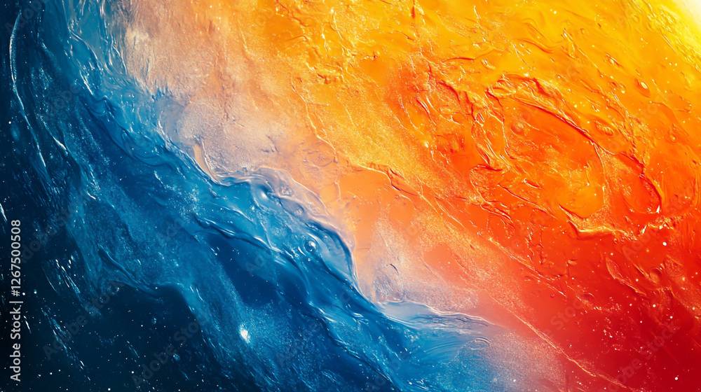 Fototapeta premium Abstract background with a gradient of blue, orange, and red colors on the edge of the planet Earth in space, close-up.