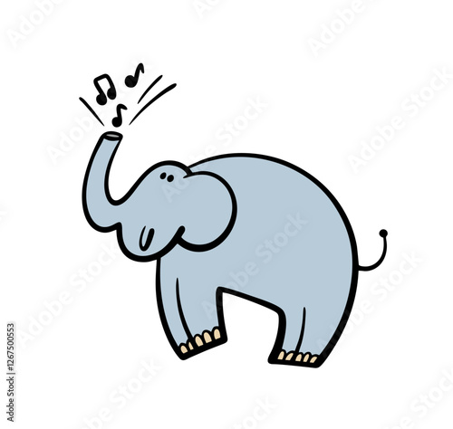 Cheerful elephant jumps, raises its trunk and blows a tune. Vector illustration of   circus act, an animal performing a song. Isolated character on white background.