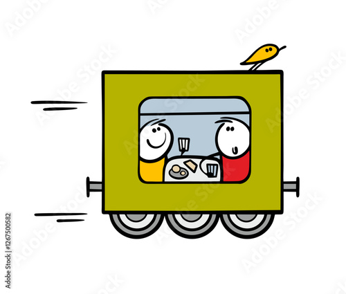 Railway,  high-speed train carriage, carries people and  bird. Vector illustration of stickman looking out   window, eating and drinking, having conversation. Isolated characters on white background.