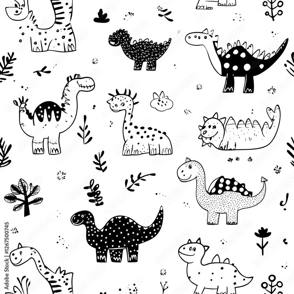 Adorable black and white dinosaur pattern playful prehistoric friends Adorable black and white dinosaur pattern playful prehistoric friends