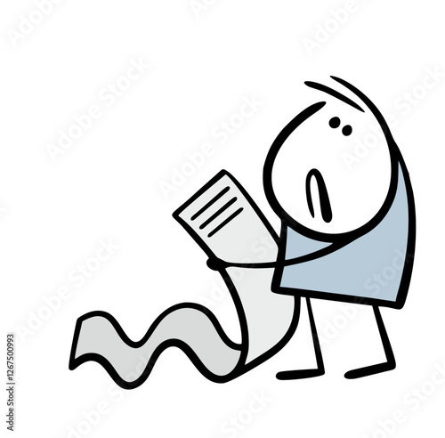 Tired secretary at work keeps a long list of assignments. Vector illustration of a stickman and a piece of paper. The man suffers and reads the message. The business plan for tomorrow. 