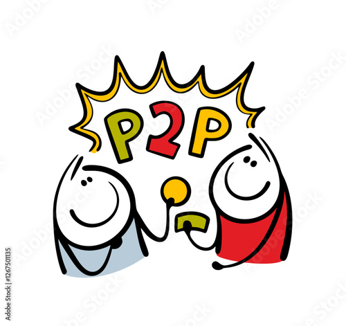 Two men are exchanging currency online on a cryptocurrency exchange. Vector illustration is a convenient website and service for financial investments. Business online. Cartoon stickman holds cash. 