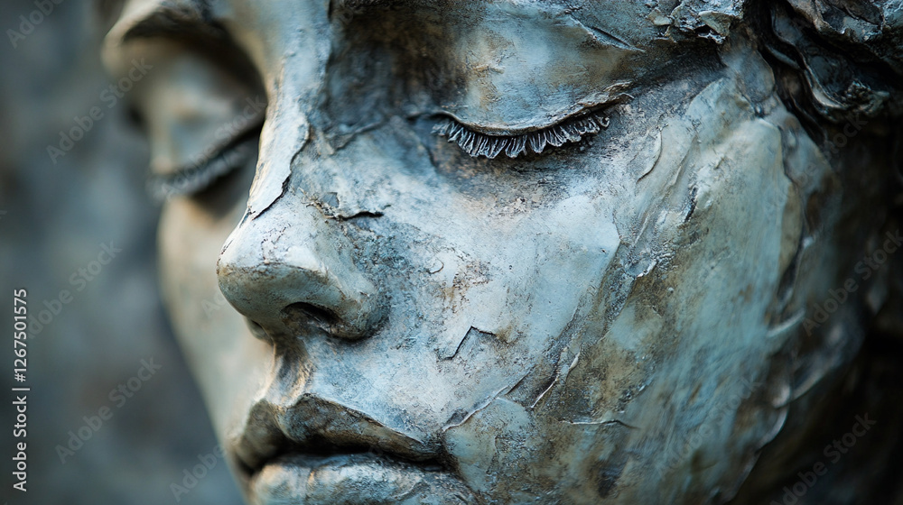 A weathered and aged headstone of a face. The eyes are closed, suggesting serenity or finality. A weathered and aged headstone of a face. The eyes are closed, suggesting serenity or finality.