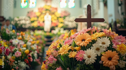 Inside a church with a beautiful Easter display of flowers and a cross