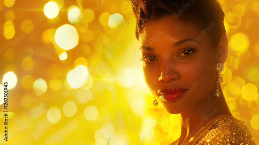 Fototapeta premium Elegant woman with glamorous makeup and golden background, exuding confidence and charm. warm tones and sparkling lights create festive atmosphere