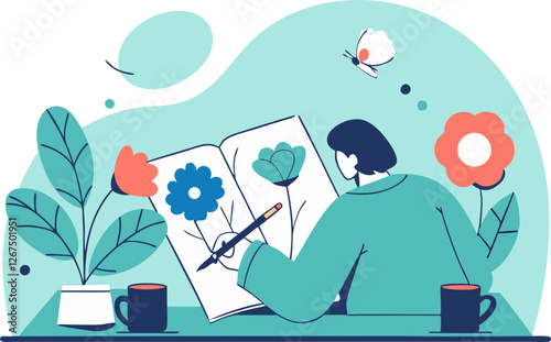 Image of a person at a table with flowers, drinking tea, relaxing and illustrating with a pen. Vector. Colorful.