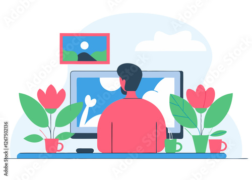 Illustration of a person working at a desk. Designer. Work at home.